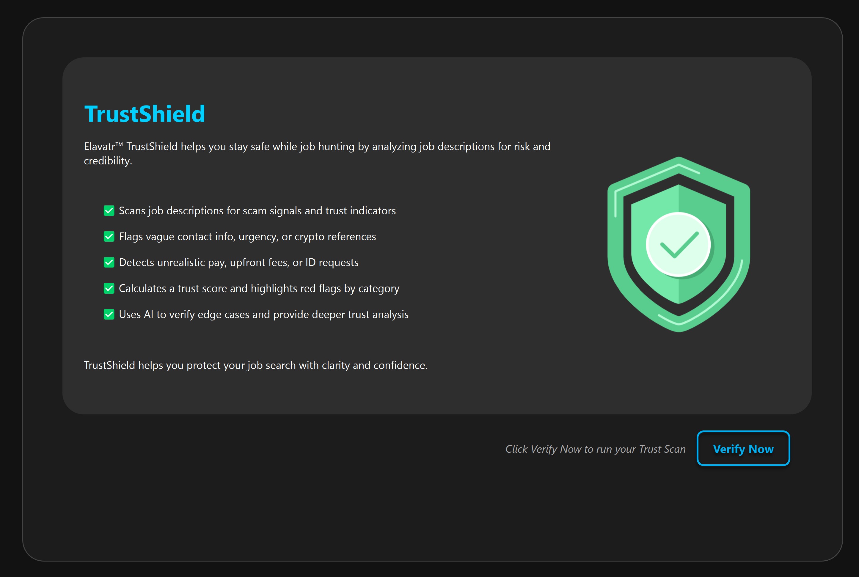 TrustShield job trust analysis interface dark mode